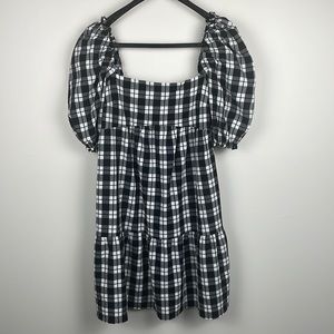 Short Puff-Sleeved Ruffled Gingham Dress